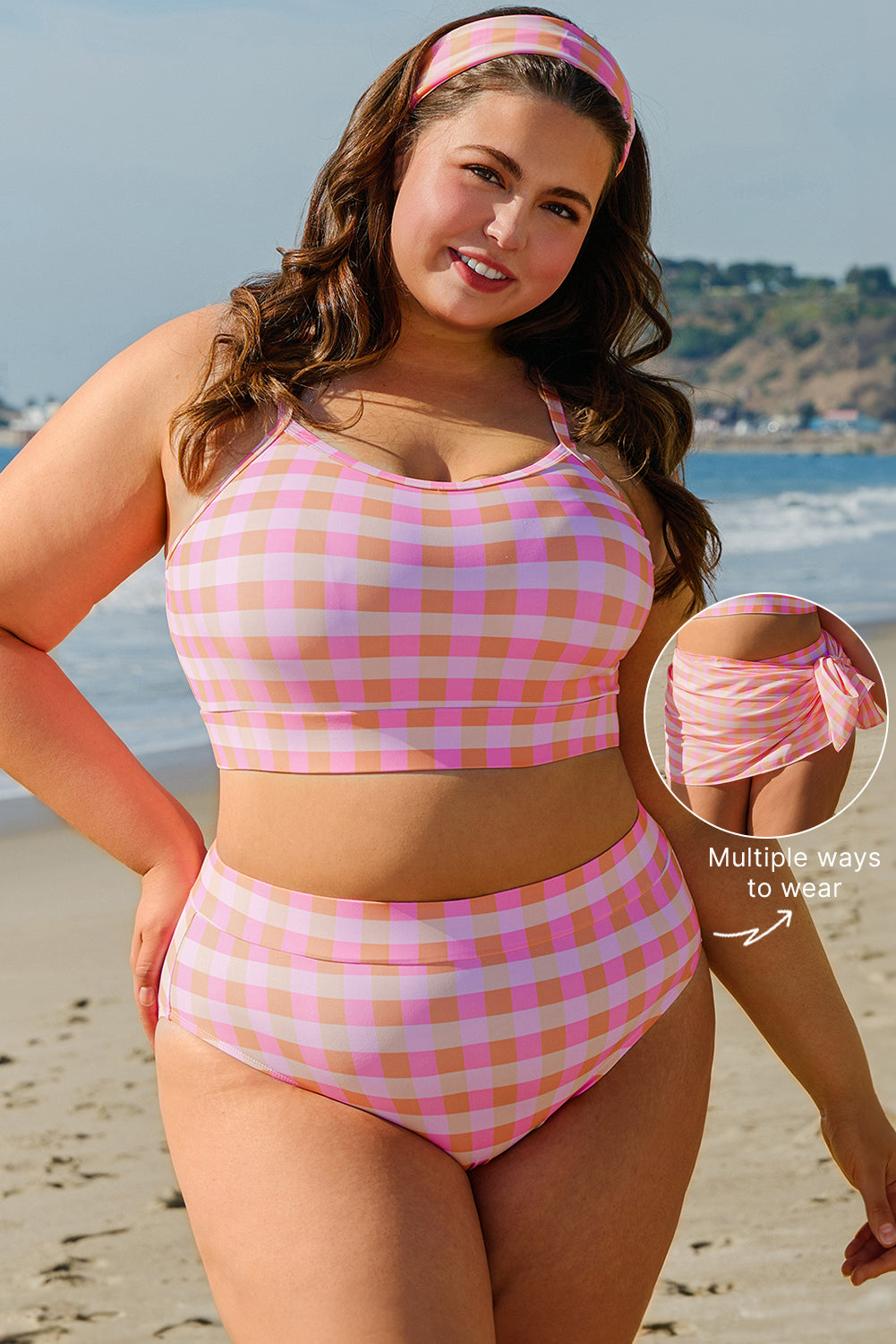 Pink Plus Size Plaid Print High Waist Bikini Set