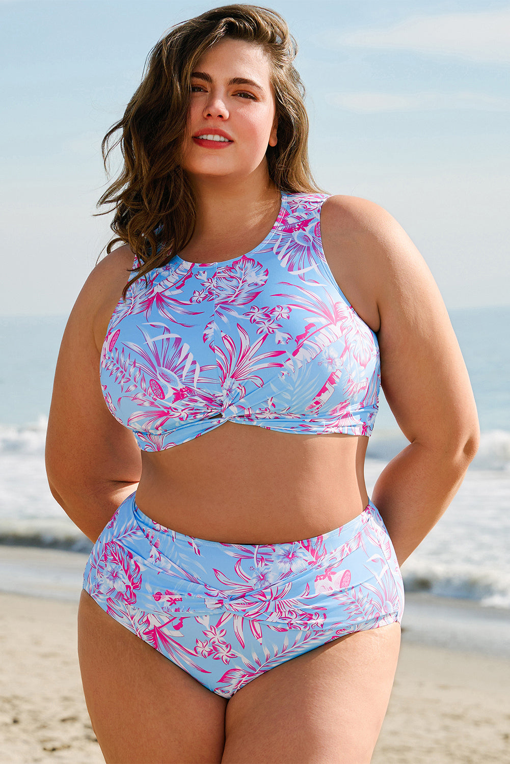 Sky Blue Plus Size Floral Print Twisted High Waist Bikini Set