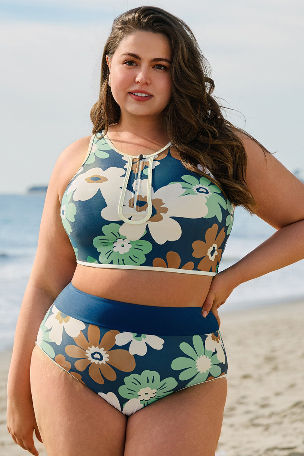 Green Floral Printed Zipped Plus Size Two Pieces Bikini