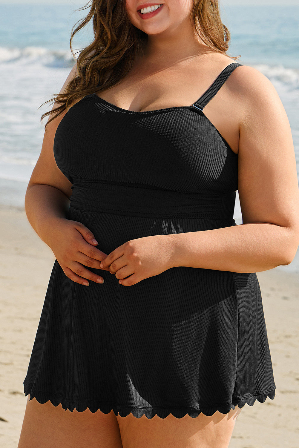 Black Plus Size Textured Scalloped Trim Swim Dress with Panty