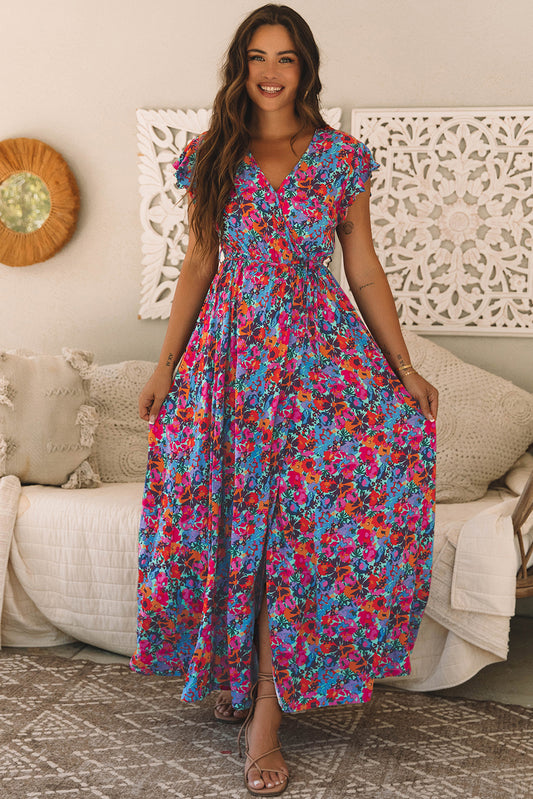 Blue Floral Print V Neck Wrap Split Maxi Dress