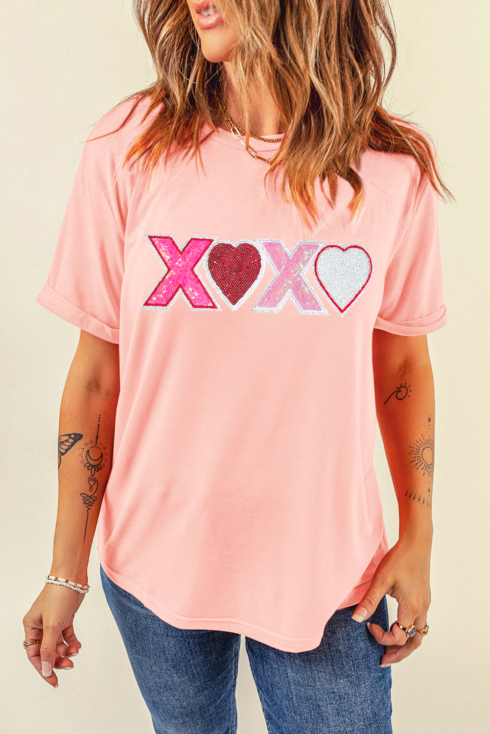 Pink Sequin Heart XOXO Patched Graphic Valentines T Shirt