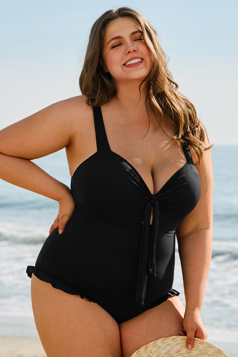 Black Plus Size Textured Knotted Ruffled Trim One Piece Swimwear