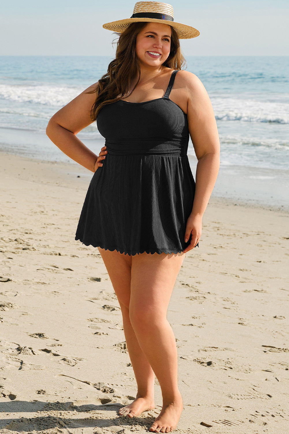 Black Plus Size Textured Scalloped Trim Swim Dress with Panty