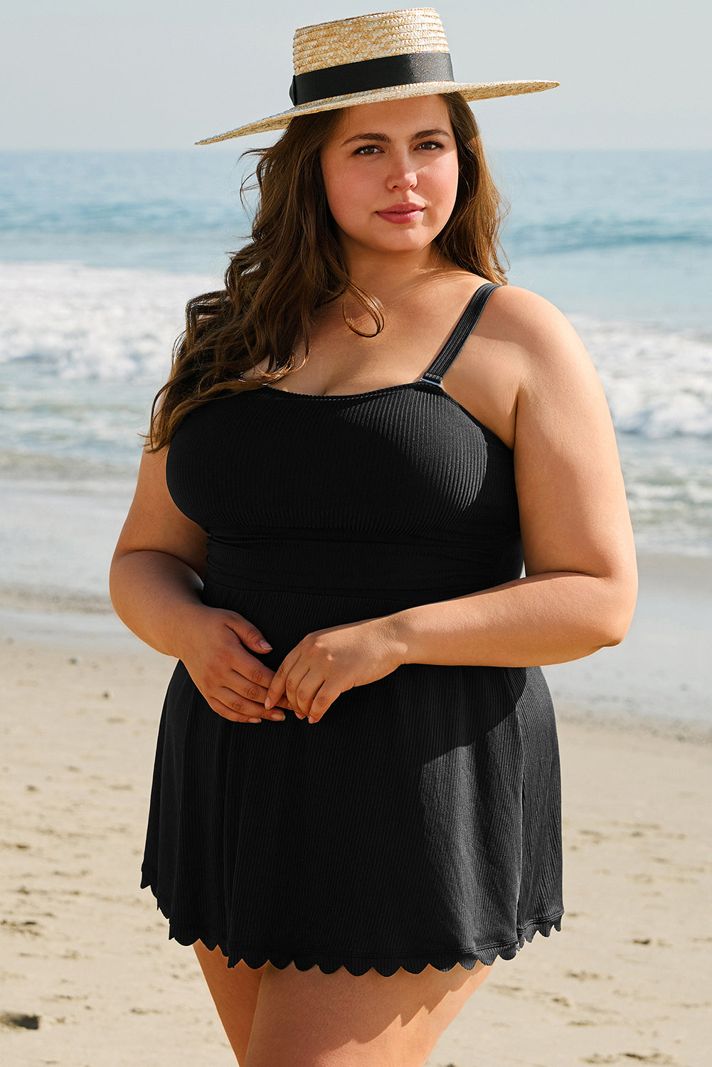 Black Plus Size Textured Scalloped Trim Swim Dress with Panty