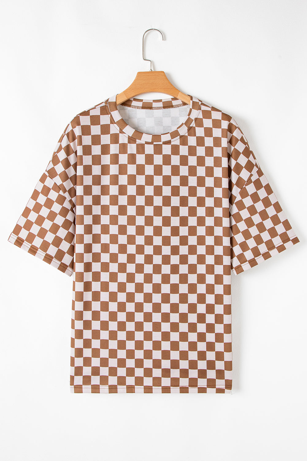 Brown Plus Size Checkerboard Print Side Slim Tee Shorts Set